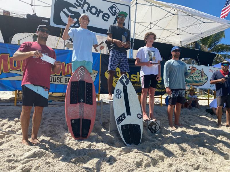 Ethan Redefer, fourth from left, won third place as a first-time professional skimboarder on the first stop of the Skim USA tour in Vero Beach, Fla., March 13-14. Pictured are (l-r) Zach Carter, fourth place; Nick Turdo, second place; Gerardo Valencia, first place; Ethan Redefer, third place; and John Akerman, fifth place. SUBMITTED PHOTO